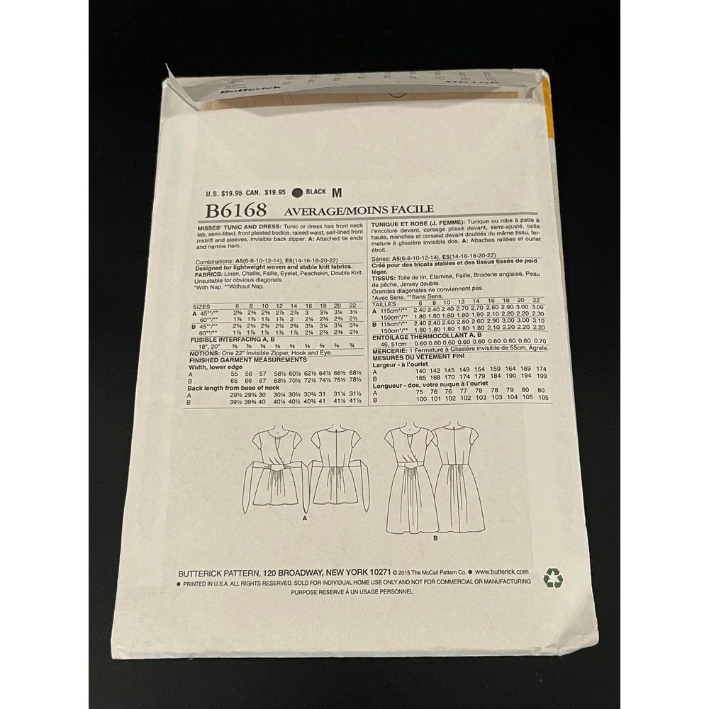 00286 Lisette Butterick B6168 Sewing Pattern Misses‎ Tunic Dress Size 14-22